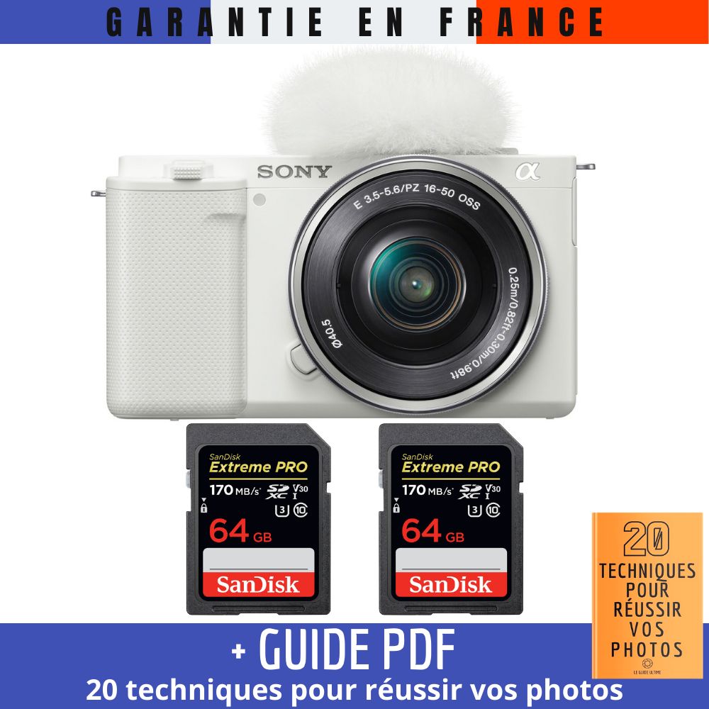 Sony ZV-E10 + 16-50mm Lens White + 2 SanDisk 64GB Extreme PRO UHS-I SDXC Memory Card + '20 TECHNIQUES FOR SUCCESSFUL VLOGS' Guide