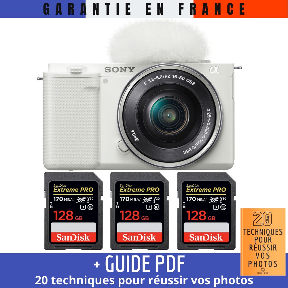 Sony ZV-E10 + 16-50mm Lens White + 3 SanDisk 128GB Extreme PRO UHS-I 170MB/s Memory Cards