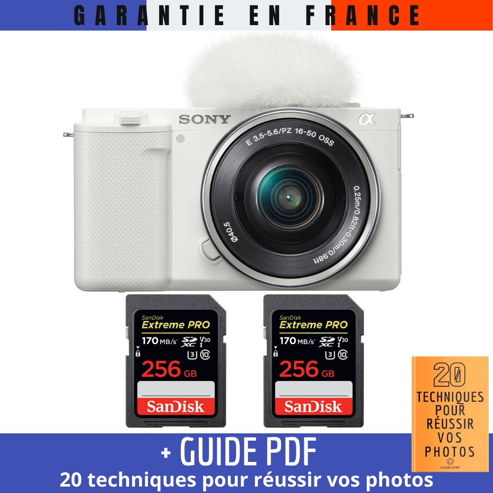 Sony ZV-E10 + 16-50mm Lens White + 2x 256GB SanDisk Extreme PRO UHS-I Card (170MB/s) + '20 TECHNIQUES FOR SUCCESSFUL VLOGS' Guide