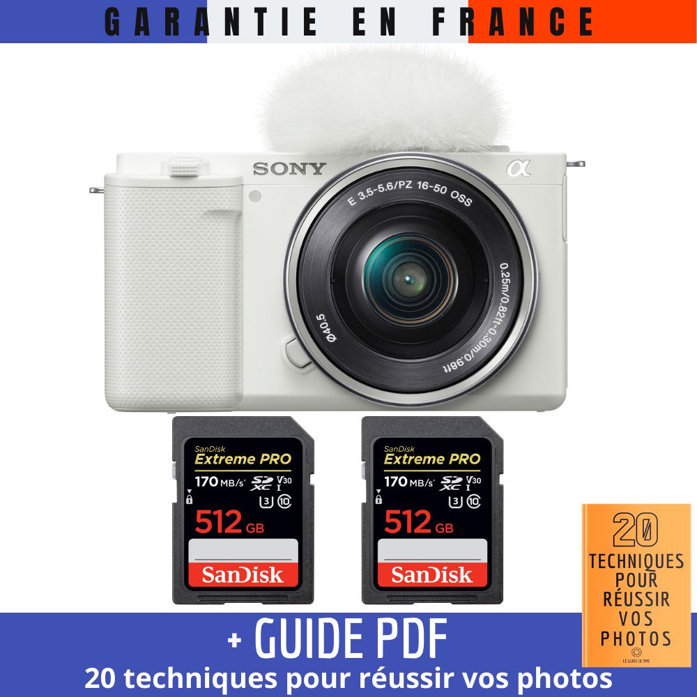 Sony ZV-E10 + 16-50mm Lens White + 2 SanDisk 512GB Extreme PRO UHS-I 170MB/s SD Cards + '20 TECHNIQUES POUR RÉUSSIR VOS PHOTOS' Guide