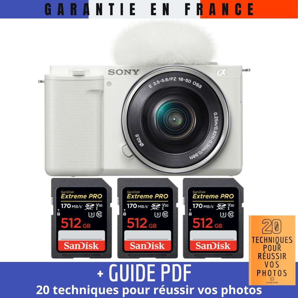 Sony ZV-E10 + 16-50mm Lens White + 3 SanDisk 512GB Extreme PRO UHS-I 170MB/s Memory Cards + '20 TECHNIQUES POUR RÉUSSIR VOS PHOTOS' Guide