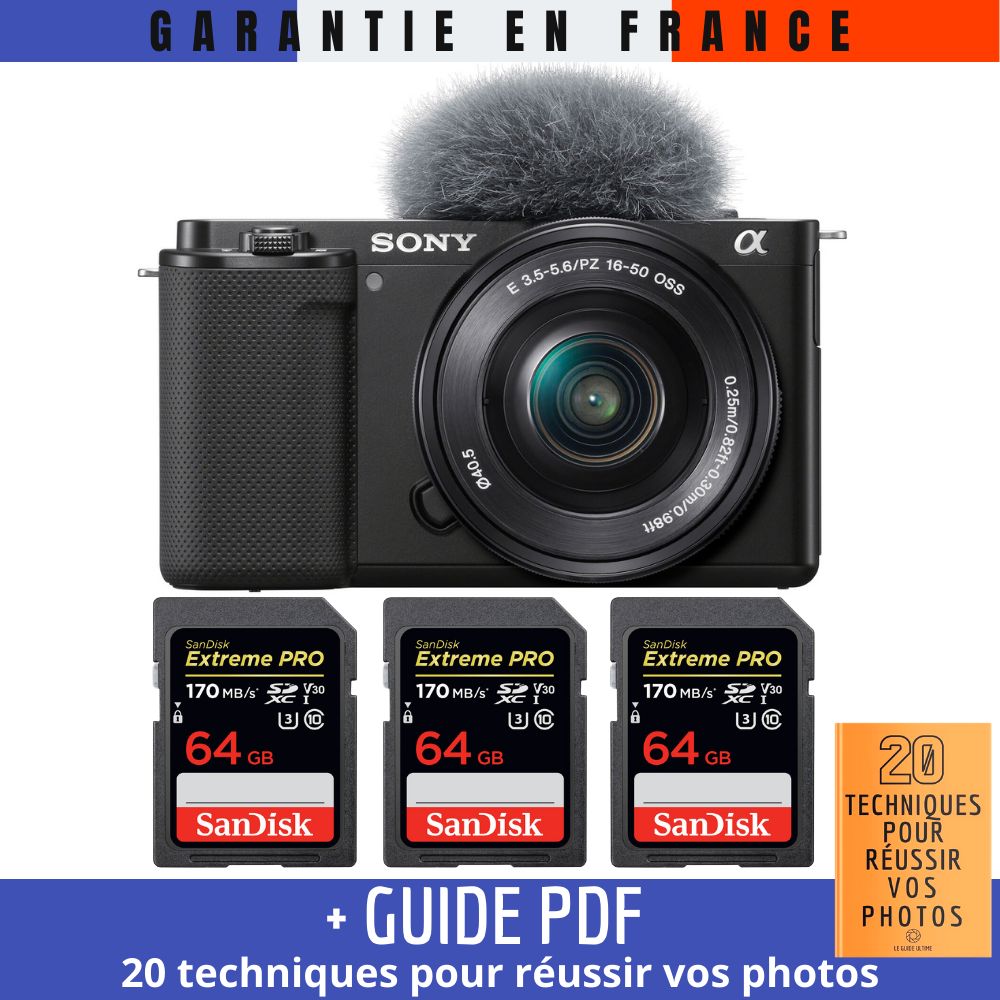 Sony ZV-E10 + 16-50mm Black + 3 SanDisk 64GB Extreme PRO UHS-I SDXC 170MB/s Memory Cards + '20 Techniques for Successful Vlogging' Guide