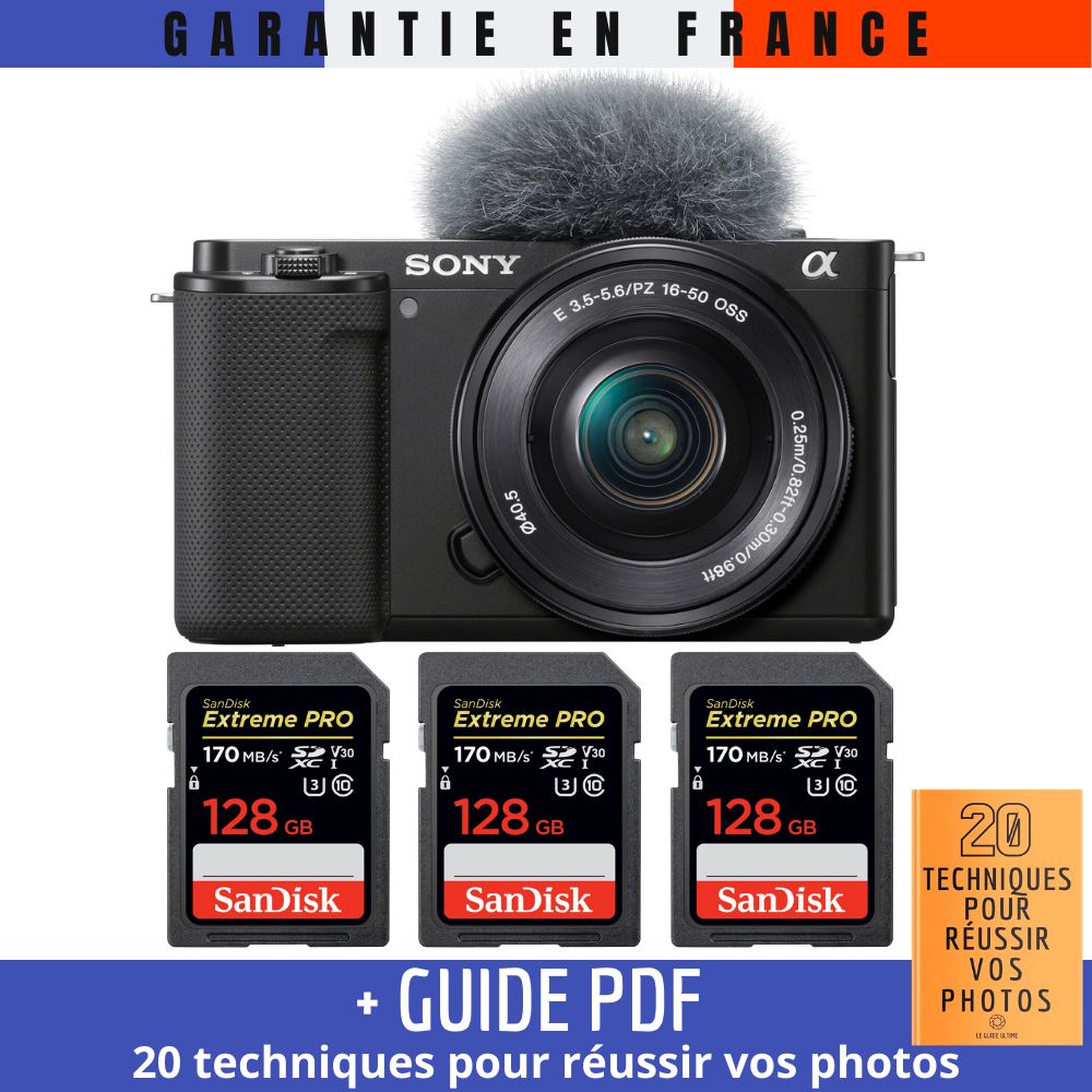 Sony ZV-E10 + 16-50mm Black + 3 SanDisk 128GB Extreme PRO UHS-I SDXC 170MB/s Memory Cards + Guide PDF (20 Techniques for Successful Vlogs)