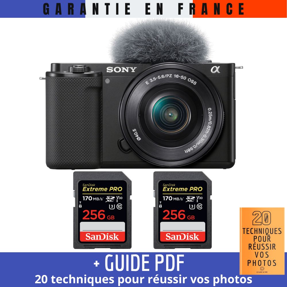 Appareil photo Sony ZV-E10 + Objectif 16-50mm Noir + 2 x Cartes SD 256 Go SanDisk Extreme PRO UHS-I 170 Mo/s + Guide PDF : 20 Techniques pour Réussir vos Vlogs