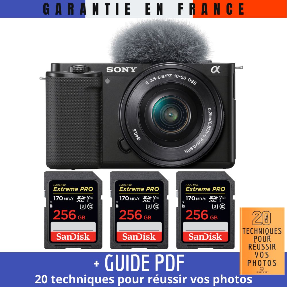Sony ZV-E10 + 16-50mm Black + 3 SanDisk 256GB Extreme PRO UHS-I SDXC 170MB/s + Guide PDF: 20 Techniques for Successful Vlogging