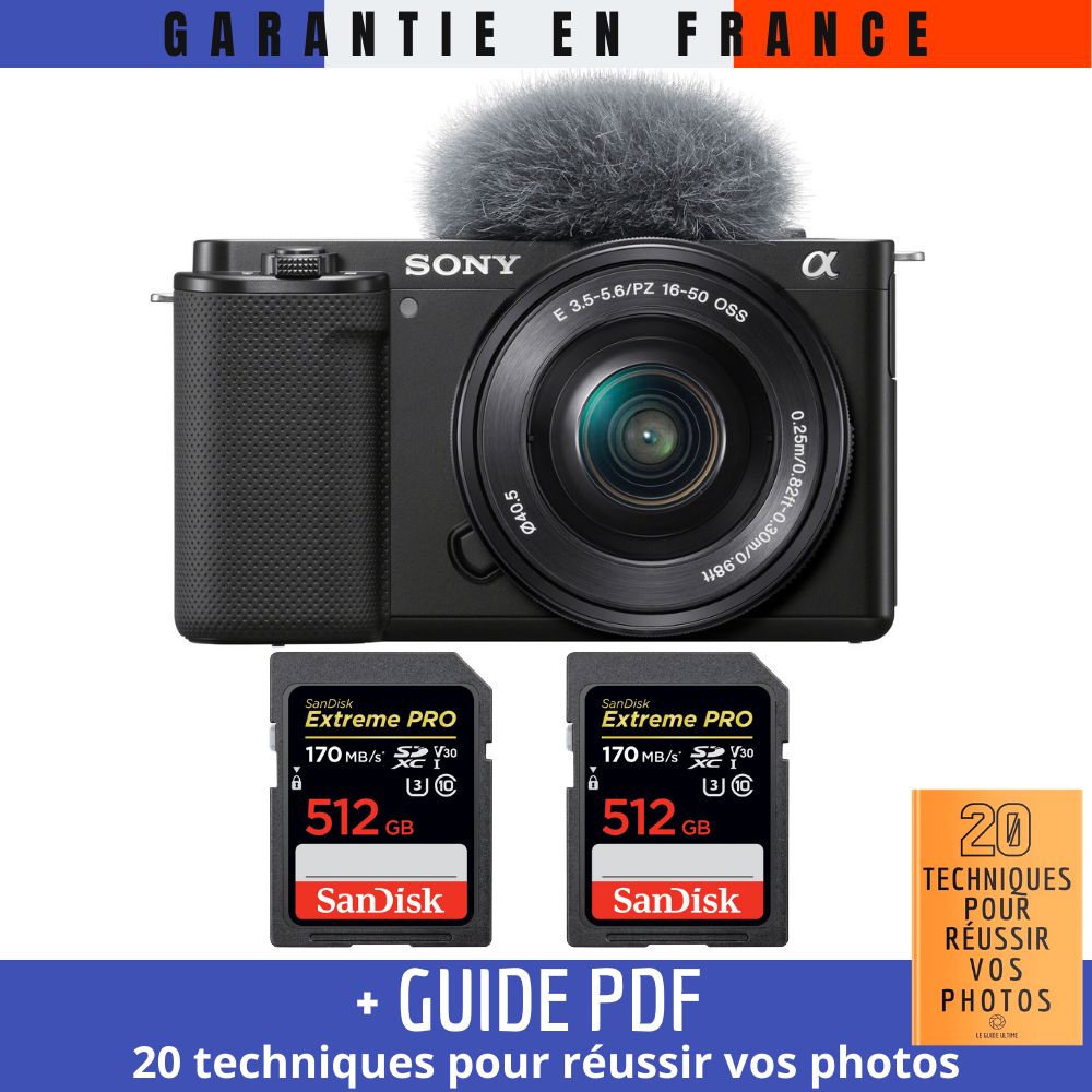 Appareil photo Sony ZV-E10 + Objectif 16-50 mm Noir + 2 Cartes SanDisk 512 Go Extreme PRO UHS-I SDXC 170 Mo/s + Guide PDF (20 Techniques pour Réussir vos Vlogs)