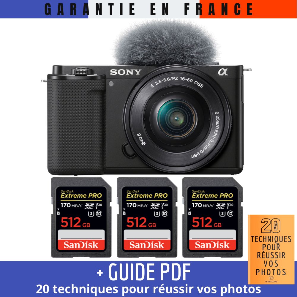 Sony ZV-E10 + 16-50mm Black + 3 SanDisk 512GB Extreme PRO UHS-I SDXC 170MB/s + Guide PDF 20 Techniques for Successful Vlogging