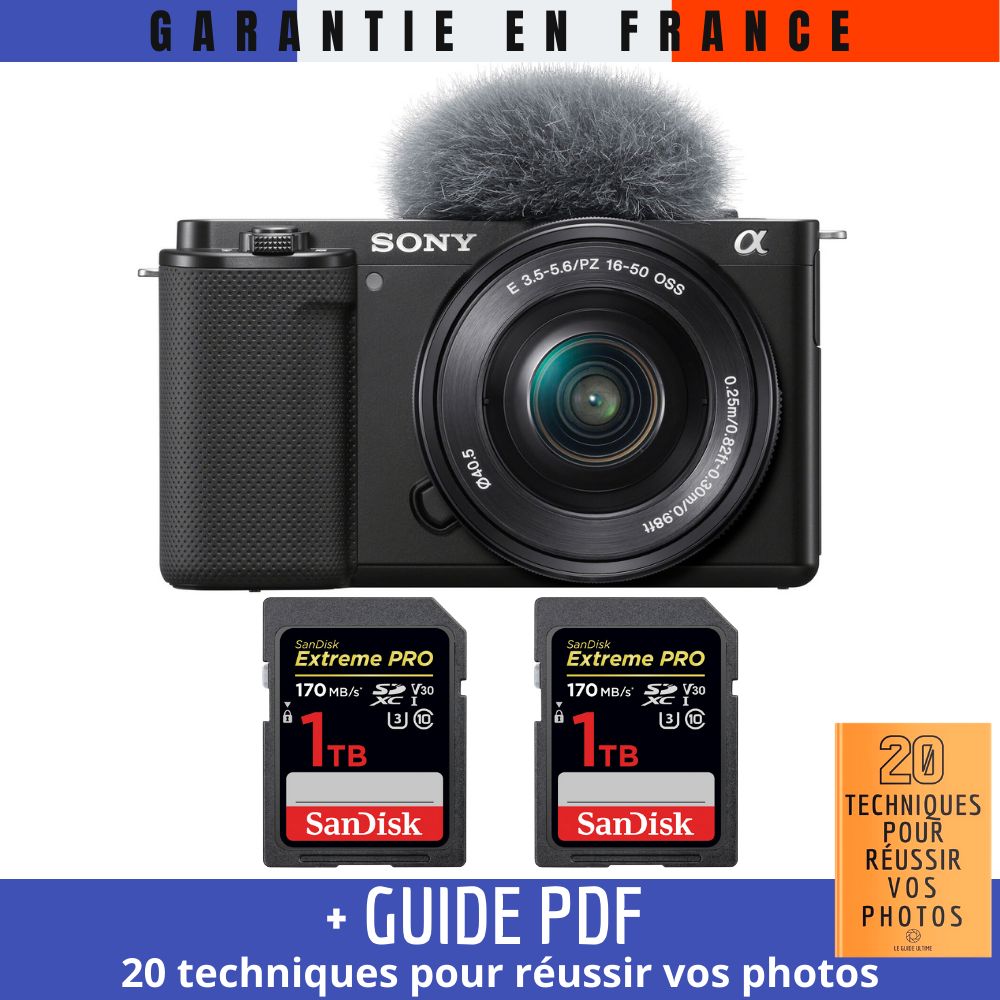 Sony ZV-E10 + 16-50mm Black + 2 SanDisk 1TB Extreme PRO UHS-I SDXC 170MB/s + Guide PDF (20 techniques for successful photos)
