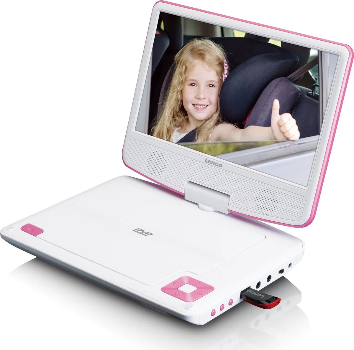Lenco DVP-920PK Portable DVD Player - 9-Inch with Headphone, USB Port and Suspension Device - Pink/White
