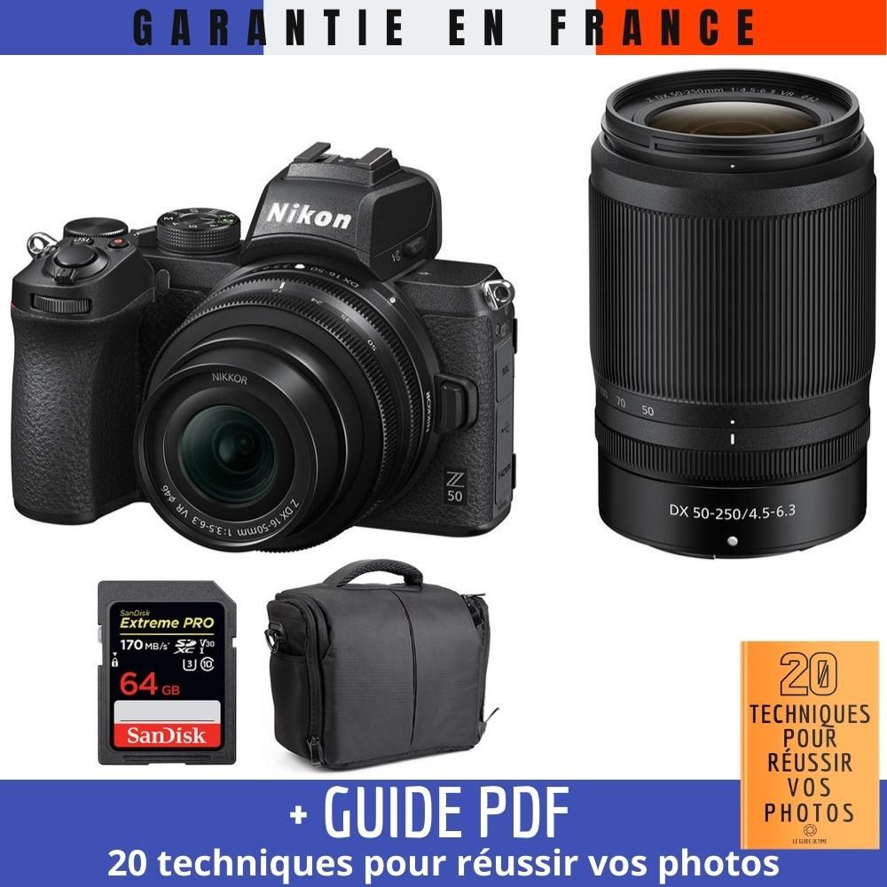 Nikon Z50 Mirrorless Camera Kit with 16-50mm and 50-250mm Lenses + SanDisk 64GB Extreme Pro SD Card + Bag + PDF Guide (20 Photography Techniques)