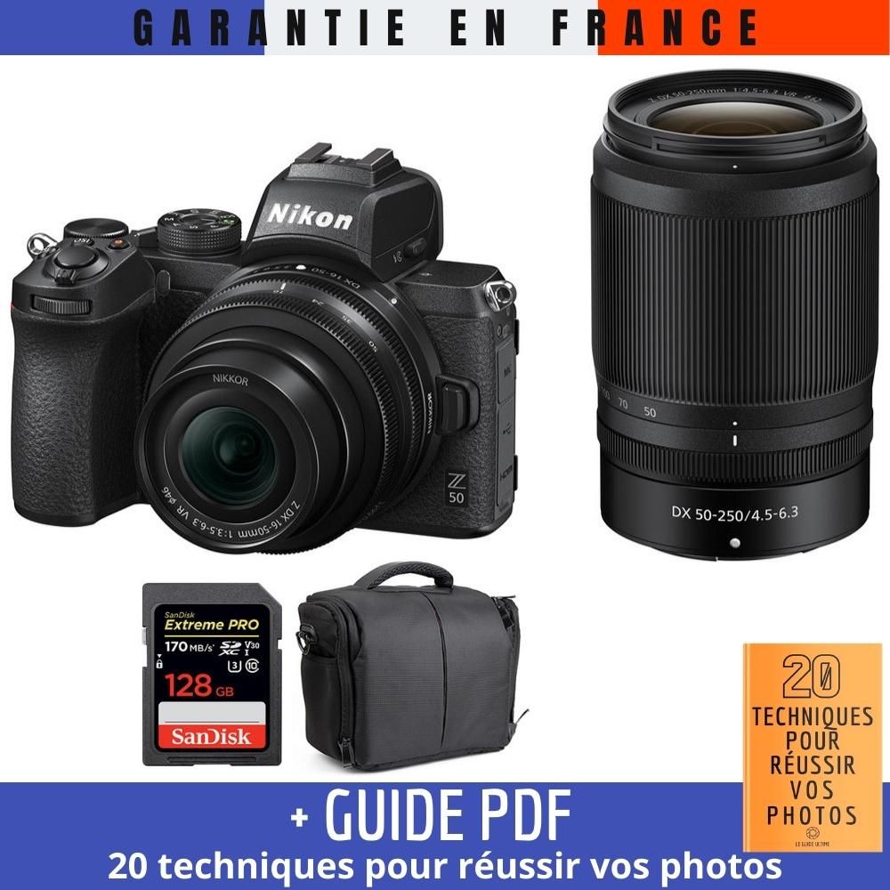 Kit Nikon Z50 con lentes y tarjeta de memoria + estuche + guía: 20 técnicas para tener éxito en la fotografía