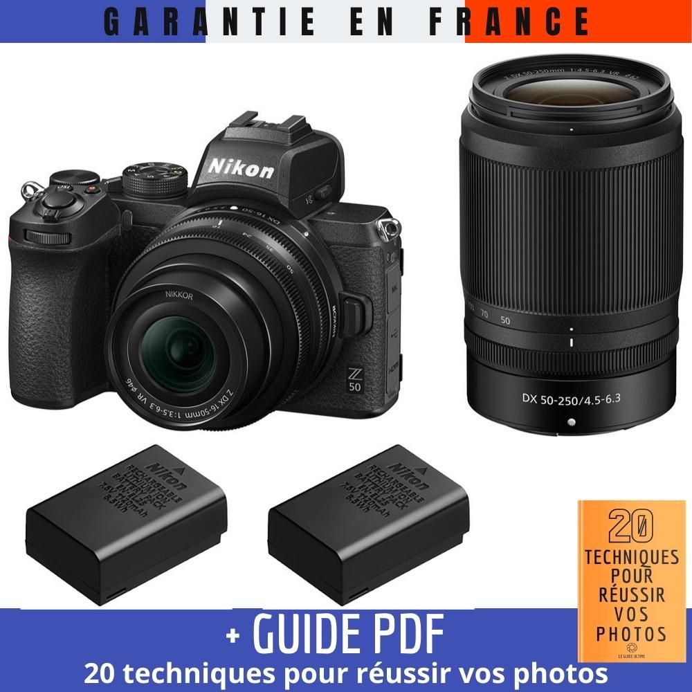 Kit de cámara réflex híbrida Nikon Z50 con lentes 16-50mm y 50-250mm + 2 baterías EN-EL25 + guía PDF MCZ