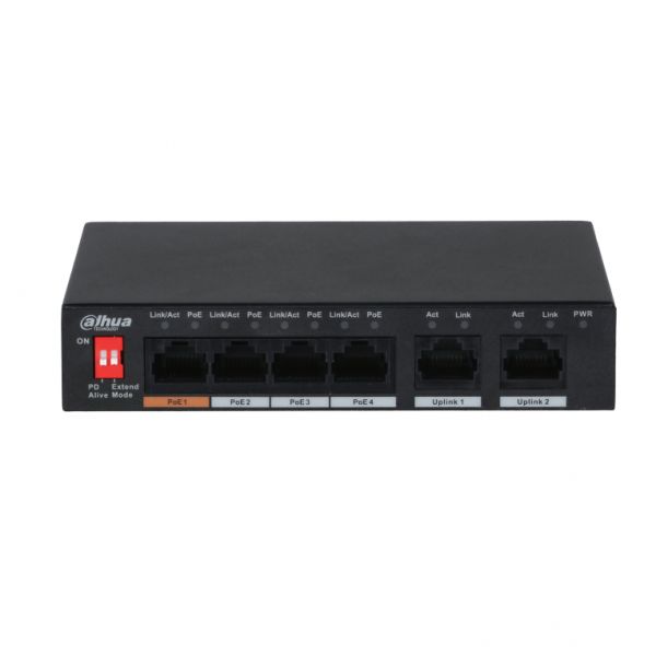 Dahua PFS3006-4ET-60 - Managed Switch - 1x 10/100 (High PoE) + 2x 10/100 (Uplink) + 3x 10/100 (PoE+) - Desktop - High PoE / PoE+ (60W) - DC Power