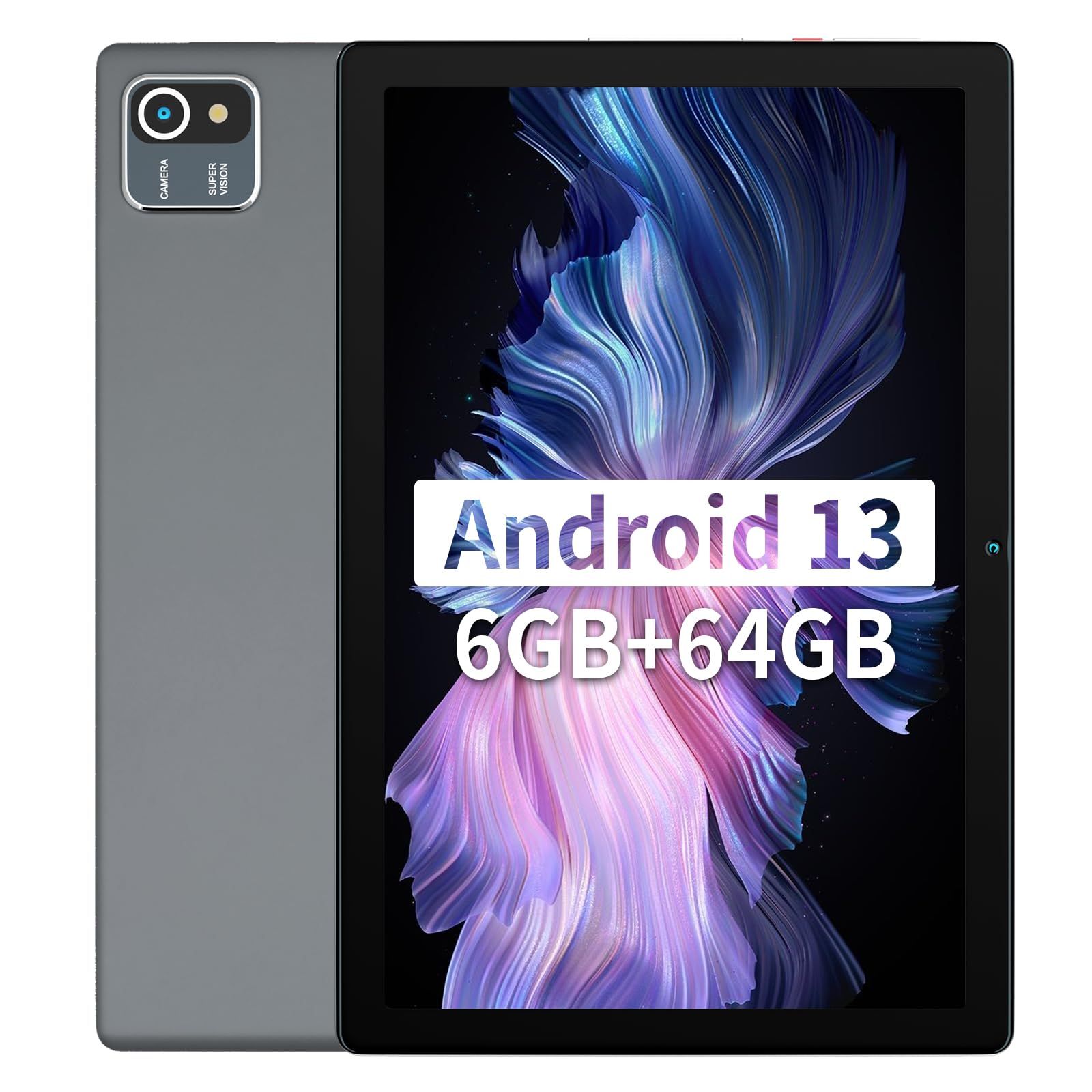 AEEZO 10-Inch Tablet, Android 13 with 6GB RAM + 64GB ROM + 128GB SD Expansion, 5000mAh Battery, Wi-Fi, Dual Camera, 10.1-inch Touchscreen Quad Core Processor - Grey