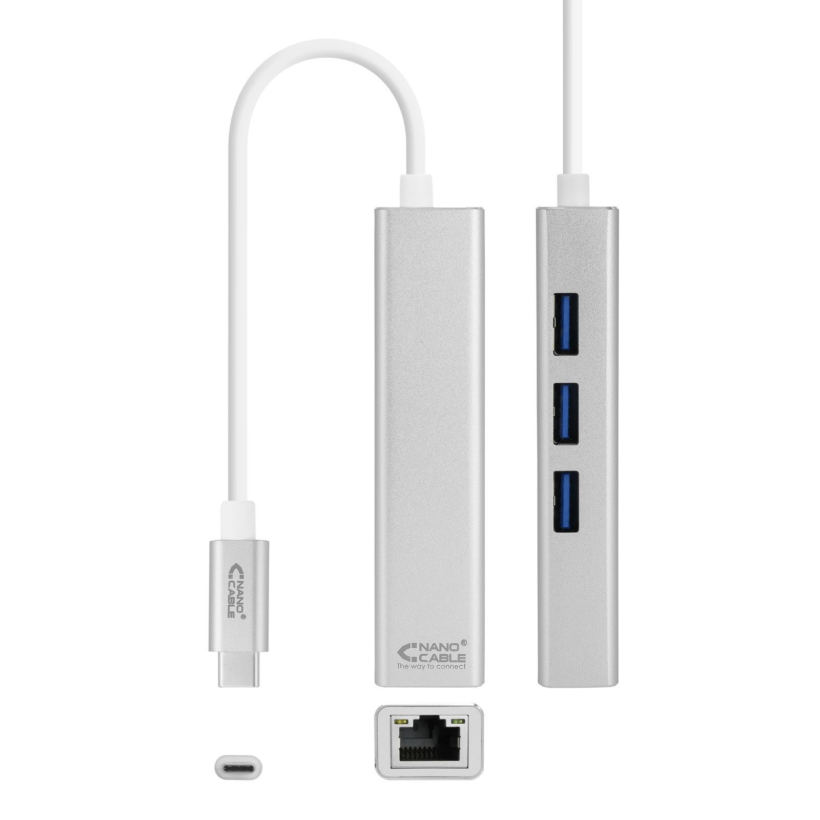 Adaptador NanoCable USB-C a Ethernet Gigabit + 3 puertos USB 3.0