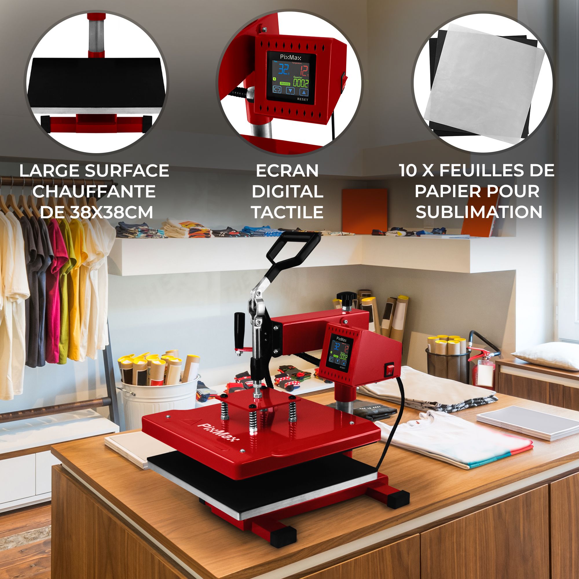 MonsterShop Pivoting Heat Press - 15 x 15 inch Red Transfer Sublimation Print - LED Touchscreen Display - 0-250°C
