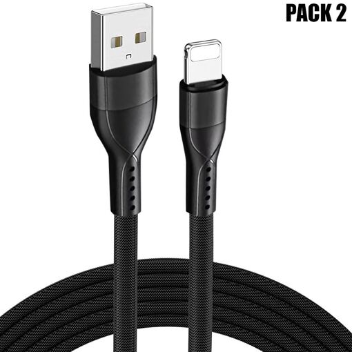 Kit de 2 cables USB rápidos E.F.Connection 3A - 1 metro negro trenzado de nylon para iPhone 14, 13, 12 y modelos anteriores