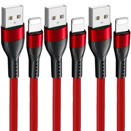 Pack de 3 cables USB de carga rápida 3A E.F.Connection para iPhone 14 y modelos anteriores, 1M rojo - Nylon resistente