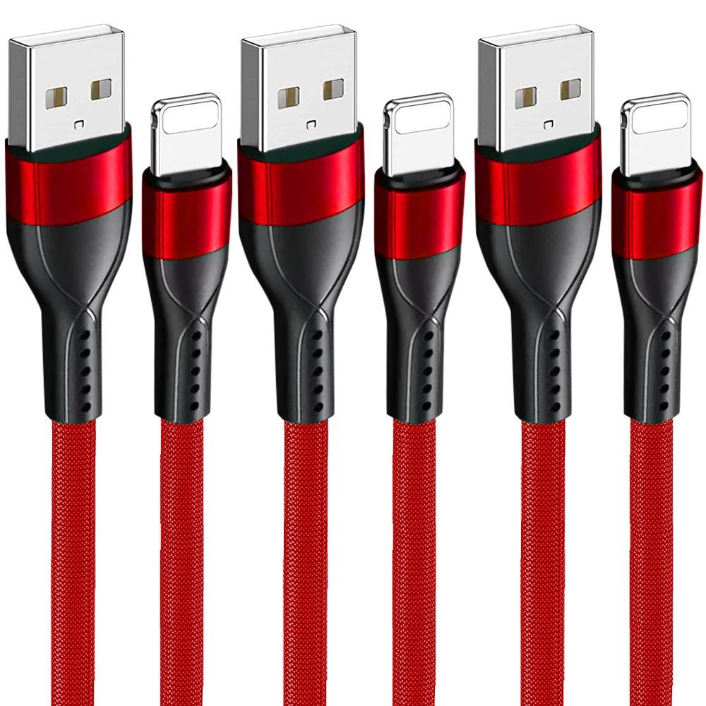 E.F.Connection 3-Pack Fast Charge USB Cable 3A for iPhone 14 & Older, 1M Red - Nylon Durable