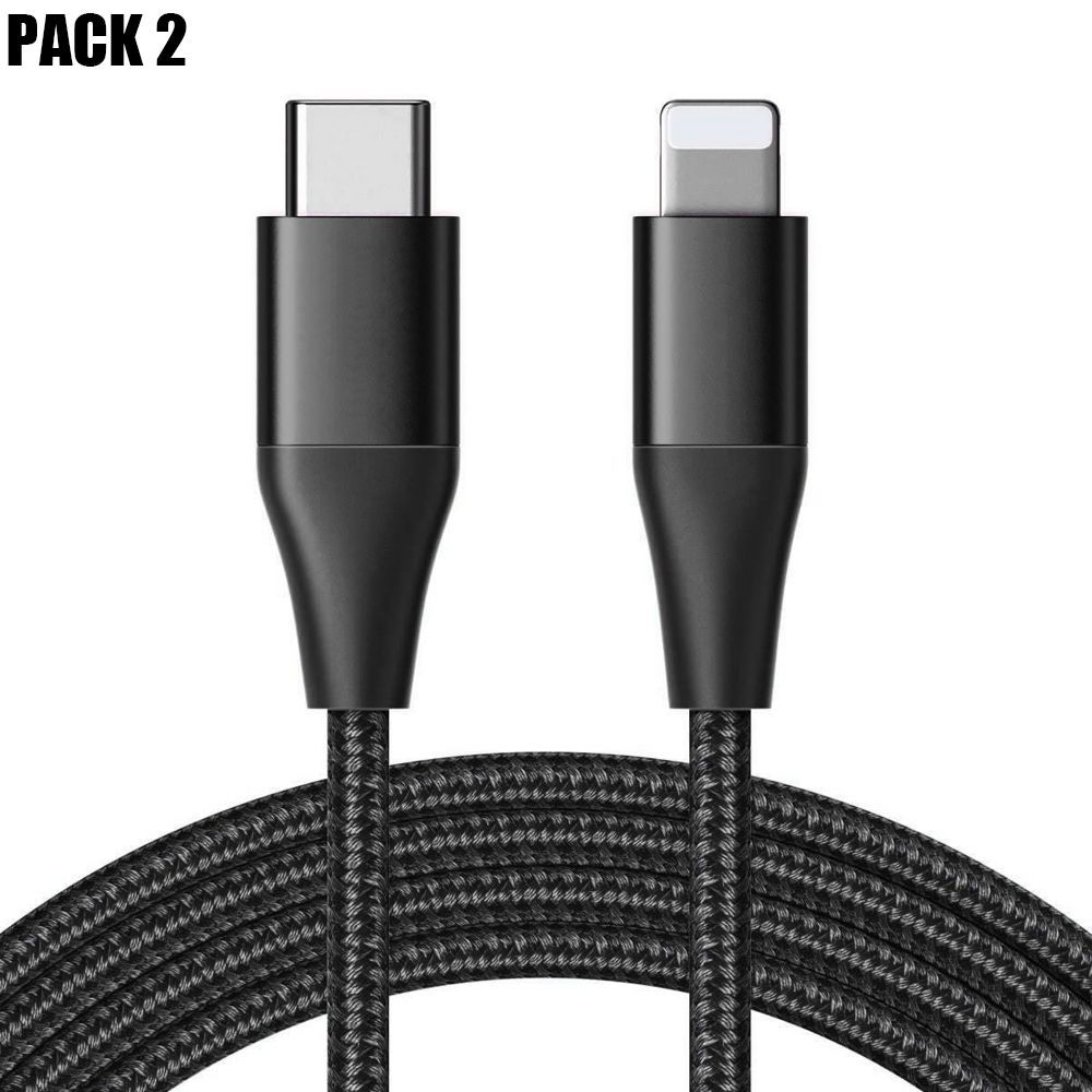 Cable USB-C a Lightning E.F.Connection rápido 3A, pack de 2 - Negro reforzado de nylon 1m para iPhone 14 Pro Max, 14 Plus, 13 Pro Max, 12 y modelos anteriores