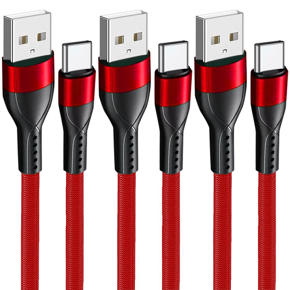 USB-C 3A Fast Charge Cable (3 Pack) for Samsung, Xiaomi, Redmi, OPPO - Durable Nylon 1M Red