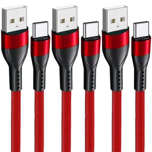 USB-C 3A Fast Charge Cable (3 Pack) for Samsung, Xiaomi, Redmi, OPPO - Durable Nylon 1M Red