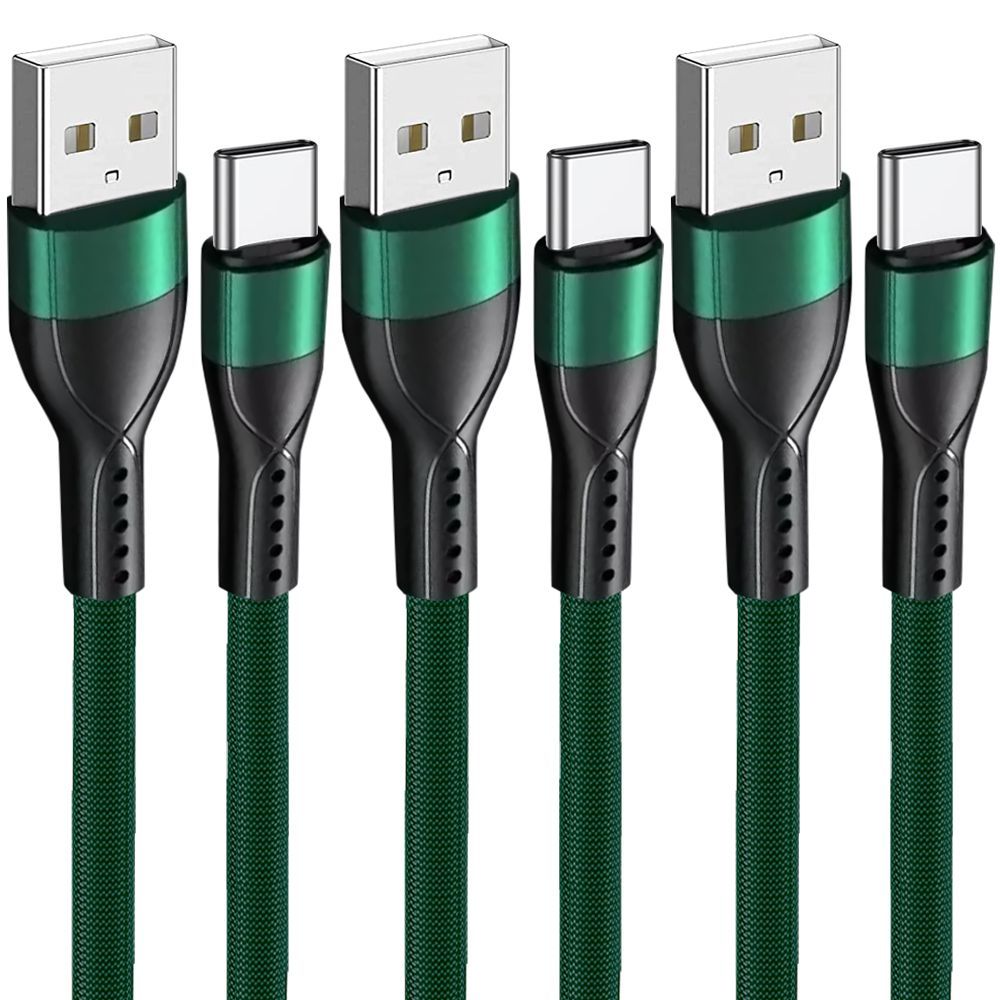 E.F.Connection USB-C Cable Set - 3x 1M Fast Charge 3A, Green Nylon Braided