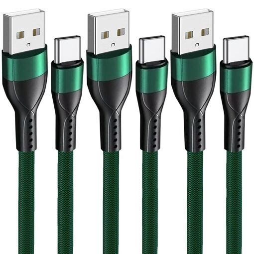 E.F.Connection USB-C Cable Set - 3x 1M Fast Charge 3A, Green Nylon Braided