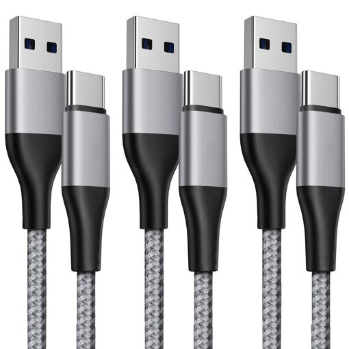 E.F.Connection 3-Pack USB-C Rapid Cable for Samsung Galaxy A Series (A54, A53, A52, A34, A33, A32) - 1 Meter Grey Braided Nylon