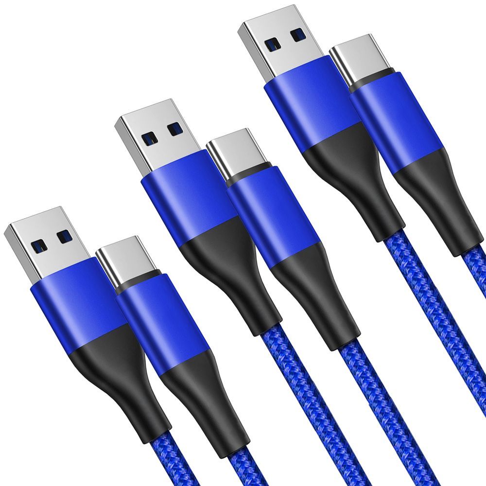 EF Connection USB-C Quick Charge 3A Cables, 3 Pack - 1m Blue Nylon Braided Cable for Samsung Galaxy M Series 5G (M13, M23, M32, M33, M52) - Non USB-C Power Supply