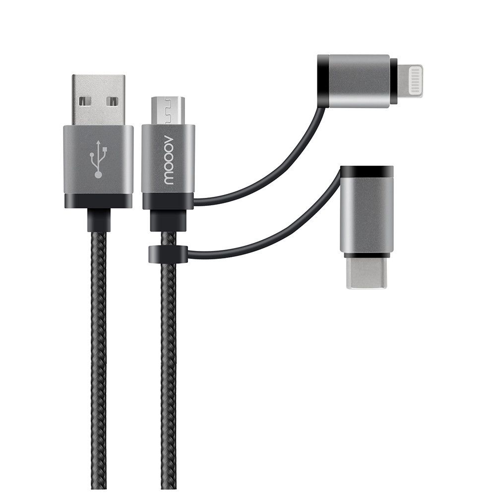 Cable USB 3 en 1 reforzado Mooov - Negro (1 m)