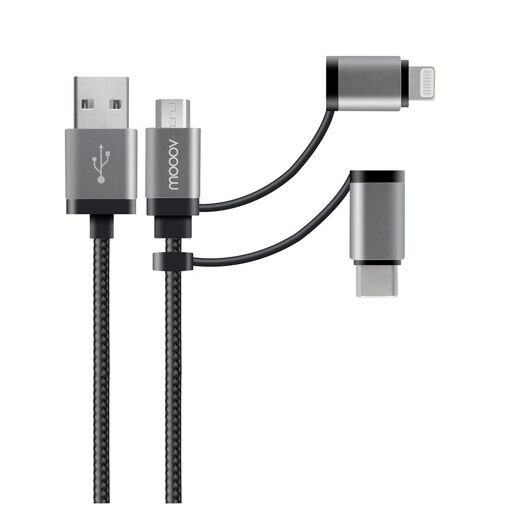 Câble USB 3 en 1 renforcé Mooov - Noir (1m)