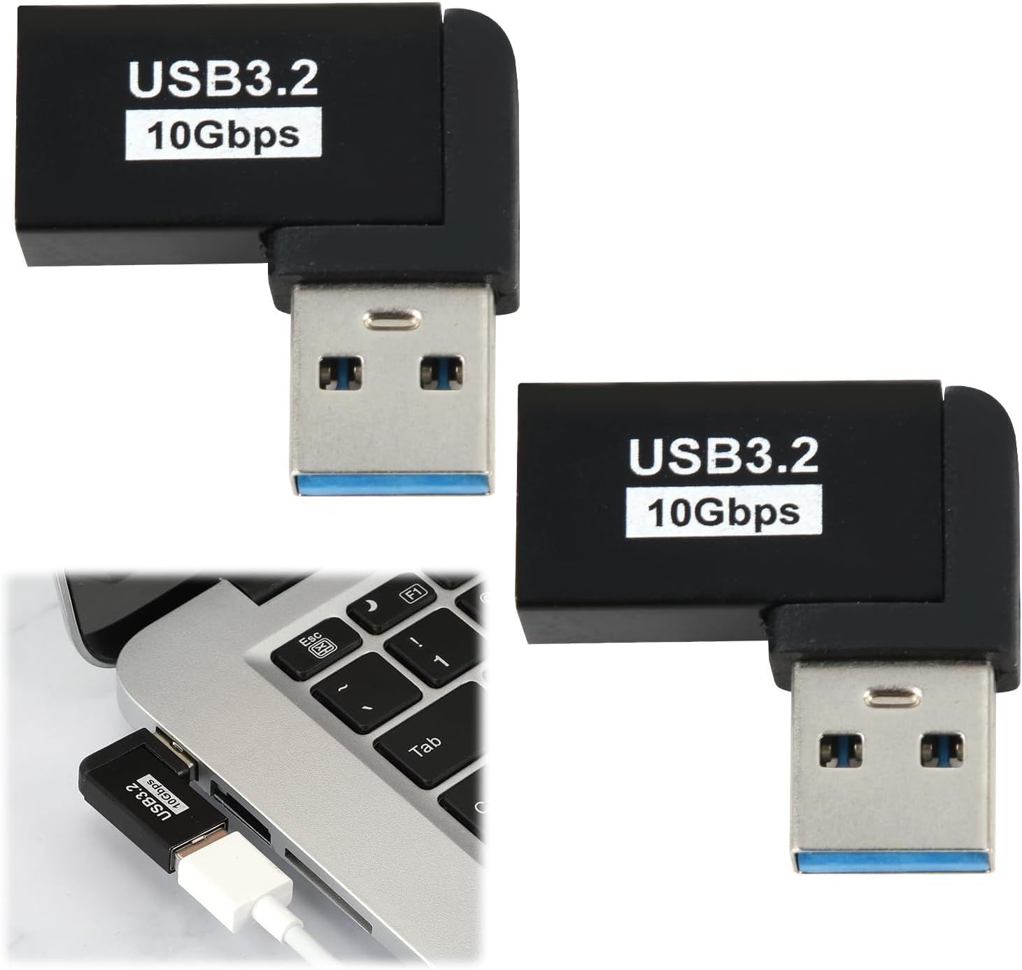 USB 3.1 90-Degree Angle Adapter, 10Gbps Fast Data Transfer, L-Shaped Connector, Retrocompatible USB 3.0/2.0/1.0, OTG, Compact and Portable, Pack of 2