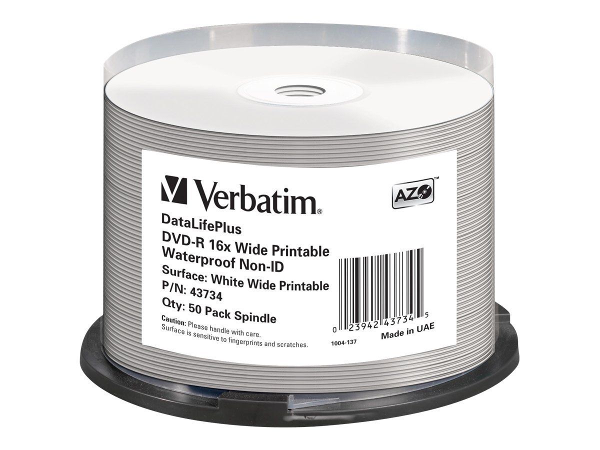 Verbatim DataLifePlus 50x DVD-R - 4.7GB, 16x Speed, Inkjet Printable, Large Printable Surface
