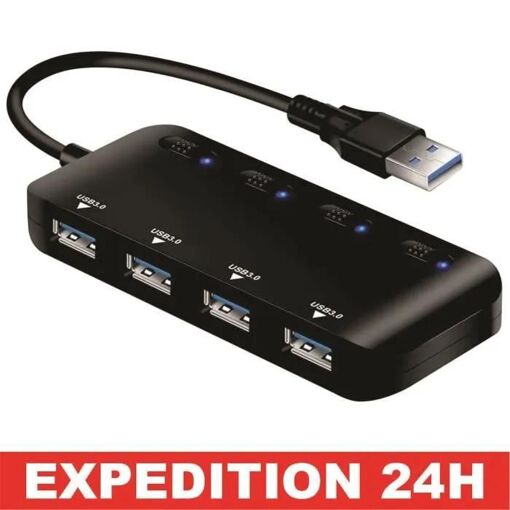 Hub USB 3.0 NETBOAT - 4 ports multiples - Ultra fin - Indicateurs d'alimentation - Noir