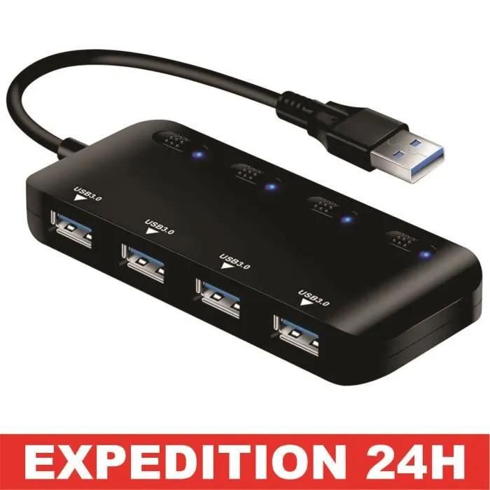 NETBOAT USB 3.0 Hub - 4-Port Multiport - Ultra Slim - Power Indicators - Black