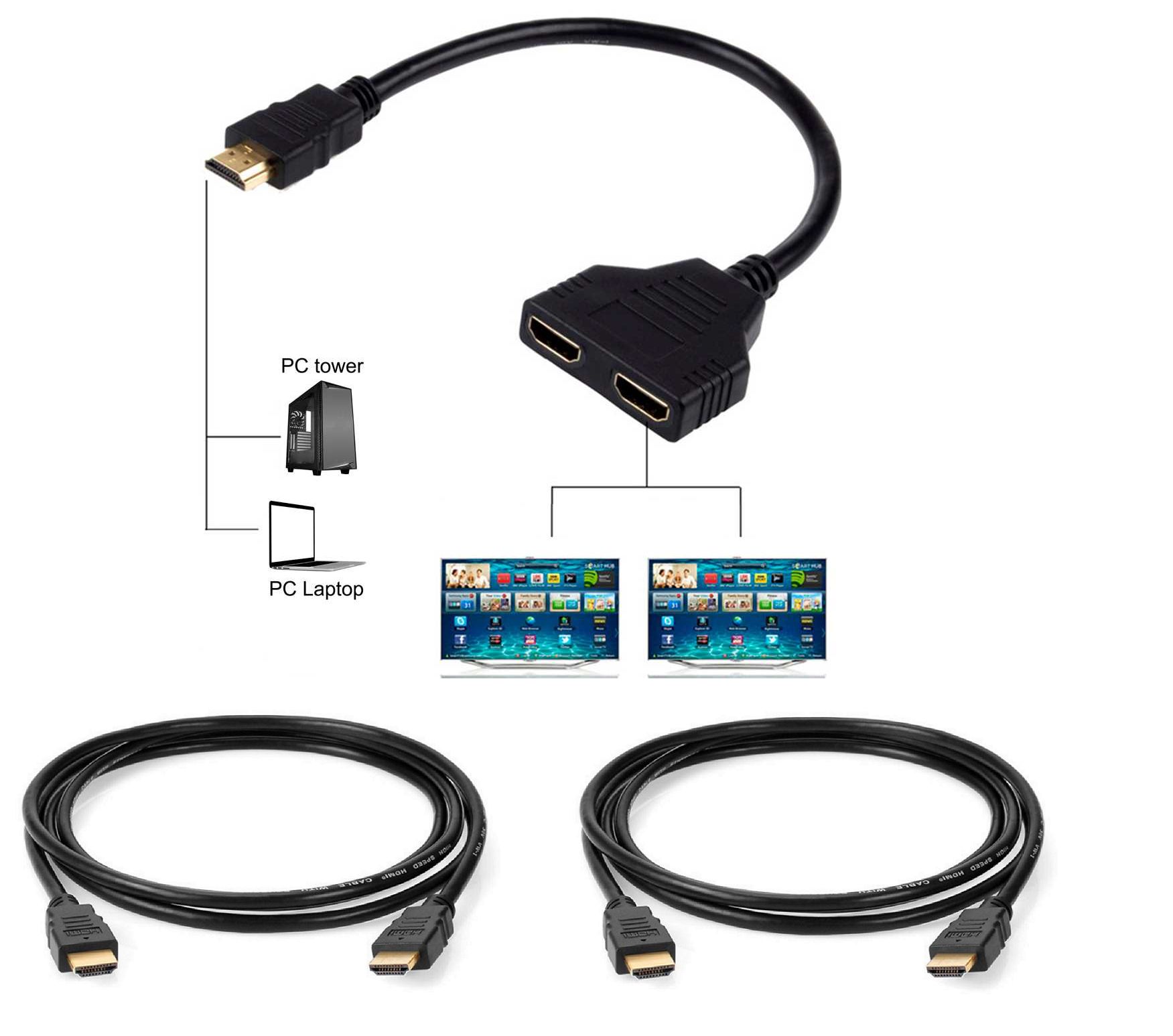 HDMI Splitter Cable - 1 Input, 2 Outputs + 2 HDMI Cables (2m)