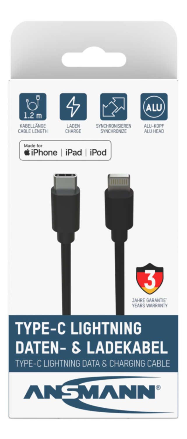 Ansmann Portable Phone Cable - Black USB-C to Lightning