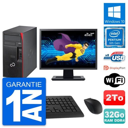 Computadora de escritorio Fujitsu P557 MT - Pantalla de 22", Procesador Intel Pentium G4400, 32 GB RAM, 2 TB HDD, Windows 10, WiFi