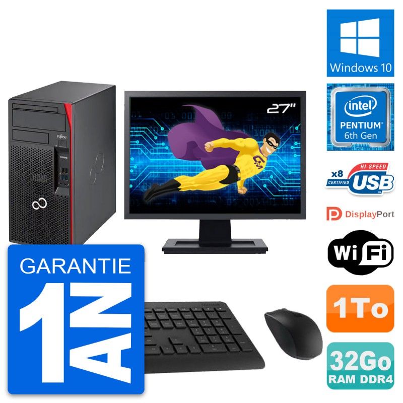 Fujitsu Esprimo P557 MT Desktop Computer - 27" Screen, Intel Pentium G4400, 32GB RAM, 1TB HDD, Windows 10