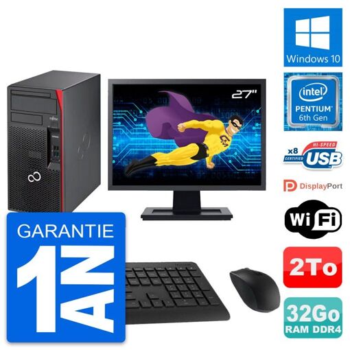 PC de escritorio Fujitsu P557 MT - Pantalla de 27", Procesador Intel G4400, 32GB de RAM, Disco duro de 2TB, Windows 10, WiFi