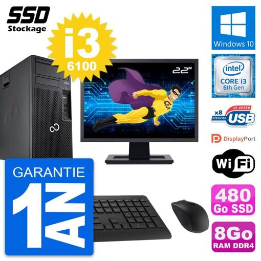 PC Fujitsu P557 MT de 22 pulgadas - Core i3, 8 GB de RAM, 480 GB SSD, Windows 10, WiFi