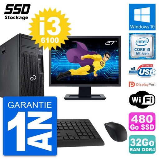 PC de sobremesa Fujitsu P557 de 27', Intel i3-6100, 32GB de RAM, 480GB SSD, Windows 10, Wifi