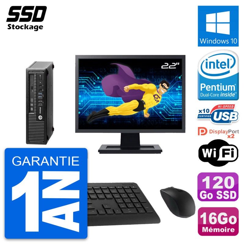 HP Mini PC 800 G1 USDT with 22" Screen, Intel G3220, 16GB RAM, 120GB SSD, Windows 10, WiFi
