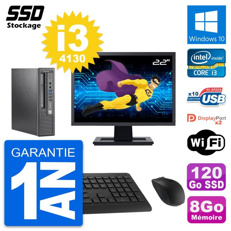 HP Mini PC 800 G1 USDT, 22" Screen, Intel i3-4130, 8GB RAM, 120GB SSD, Windows 10, Wifi