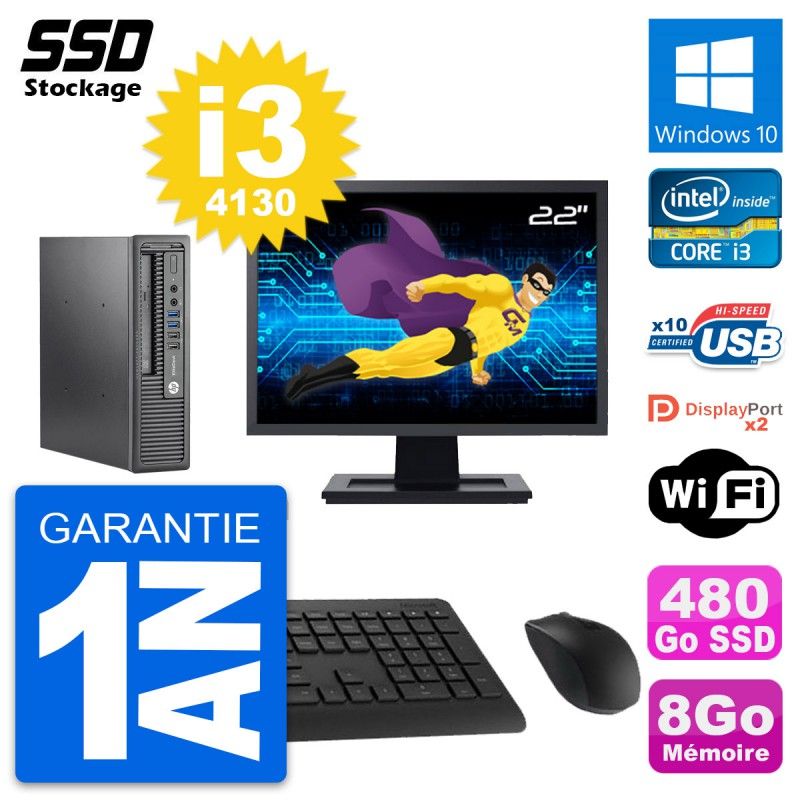 HP Mini PC 800 G1 USDT 22" Screen, Intel i3-4130, 8GB RAM, 480GB SSD, Windows 10, Wifi