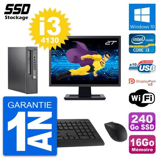 Mini PC HP 800 G1 USDT con Pantalla de 27", Procesador Core i3-4130, 16GB RAM, 240GB SSD, Windows 10, Wifi
