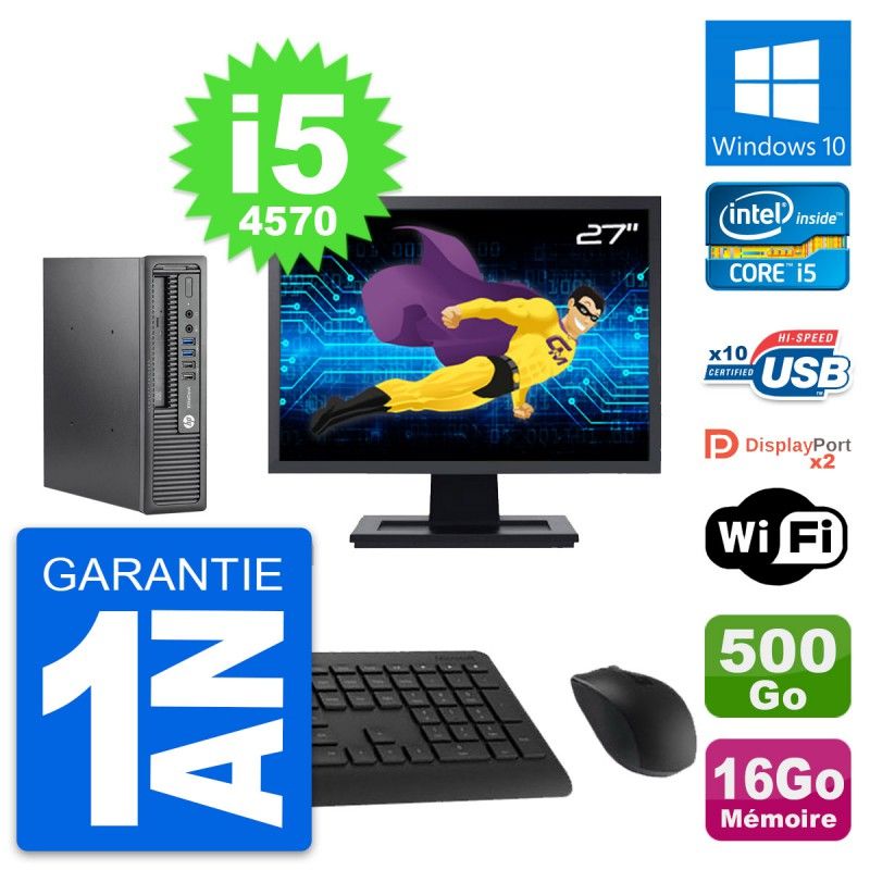 HP Mini PC 800 G1 USDT with 27" Screen, i5-4570, 16GB RAM, 500GB Disk, Windows 10, Wifi