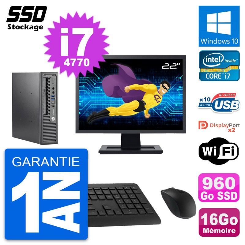 HP Mini PC 800 G1 USDT with 22" Screen, Core i7-4770, 16GB RAM, 960GB SSD, Windows 10, WiFi