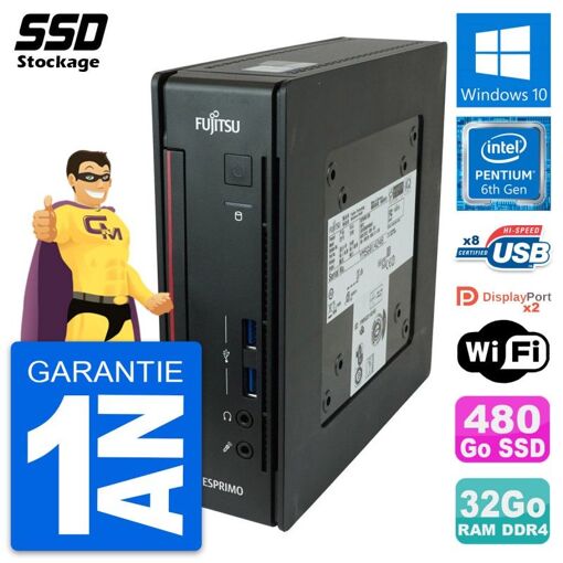 PC de escritorio compacto Fujitsu Esprimo Q956 - Procesador Intel Pentium Dual-Core G4400T, 32 GB de RAM, 480 GB SSD, Windows 10, WiFi